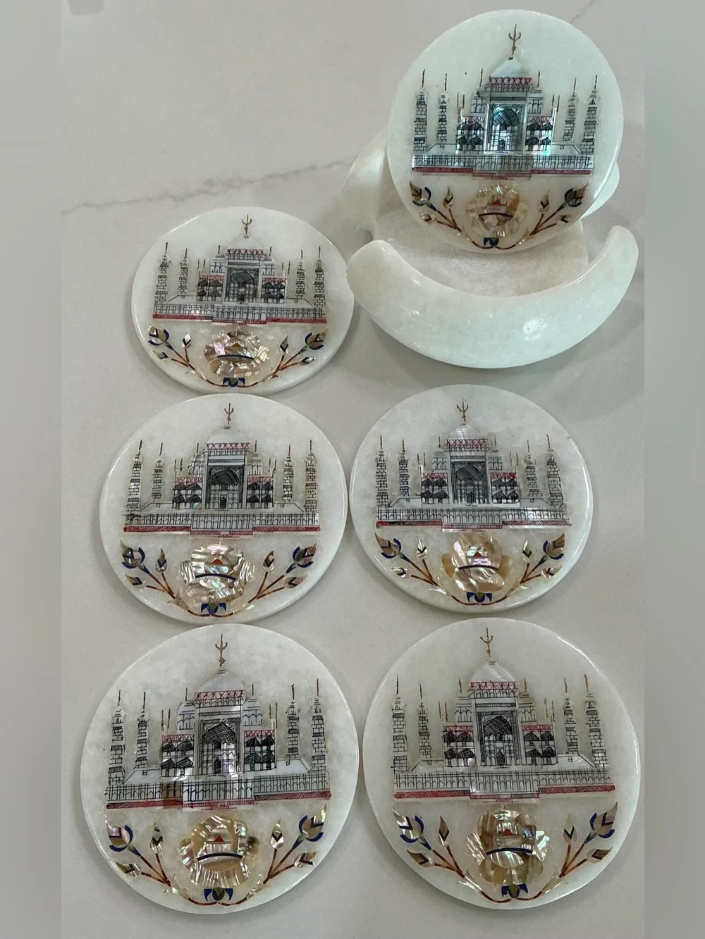 Set 6 Round Marble Tea Coaster Set Taj Mahal Art Gift-able Coaster for Eid 4.5”